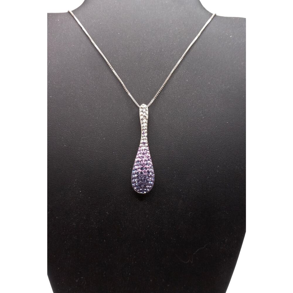 Sterling Silver Ombre Purple Crystal Teardrop Pendant Necklace 18” Box Chain 925